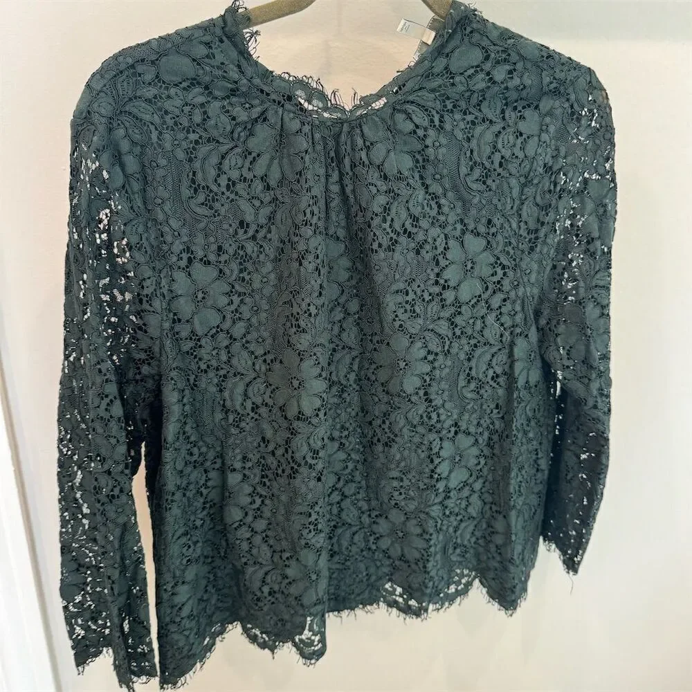 Joie Women's Emerald Green Lace Blouse Crew Neck Long Sleeve Size L - Picture 1 of 3